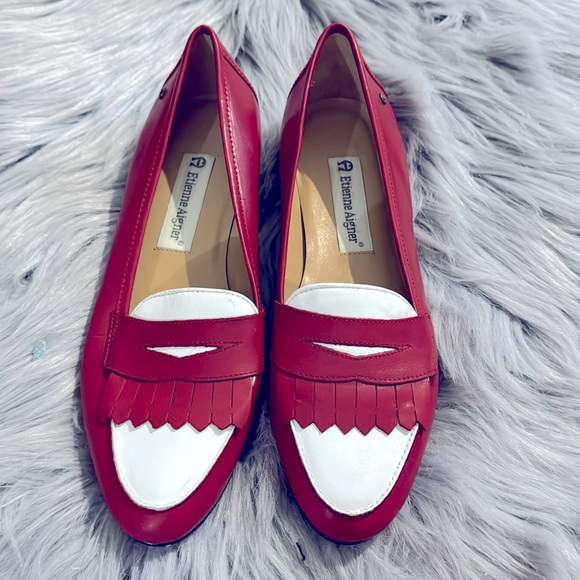 Vintage Etienne Aigner Leather Penny Loafers 7.5 Red White Carmina Bass Oxford - Picture 2 of 15